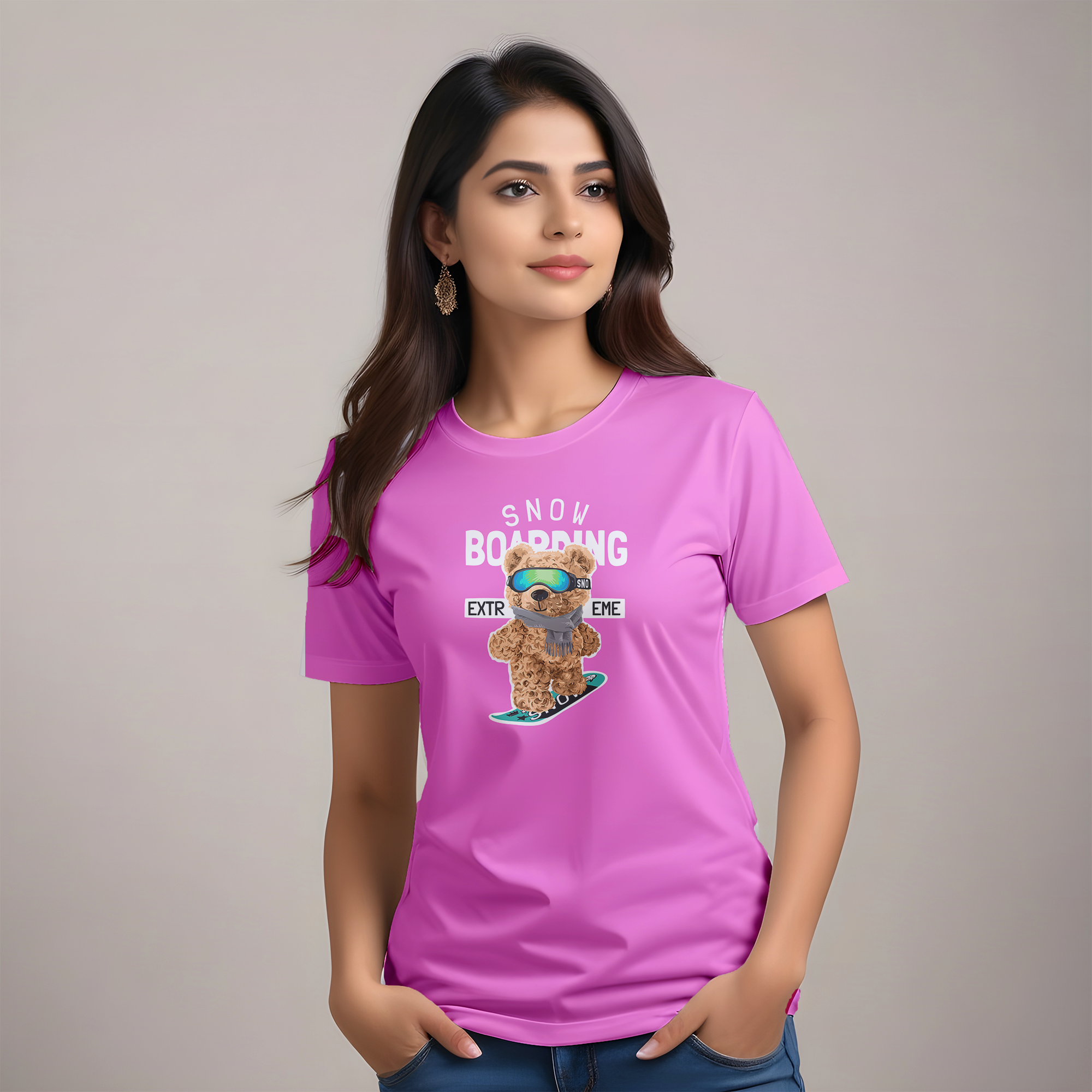 Fun Casual Women’s Tee-Snowboarding Bear Graphic