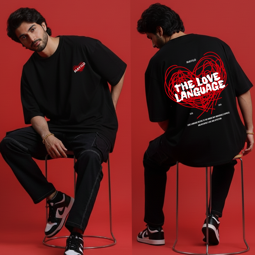 MAYILO Oversized Fit T-Shirt | "The Love Language" Back Print Graphic Tee in Black