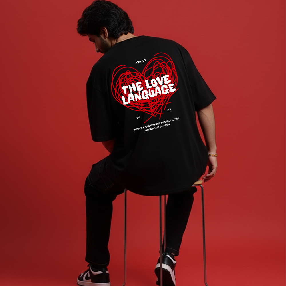 MAYILO Oversized Fit T-Shirt | "The Love Language" Back Print Graphic Tee in Black