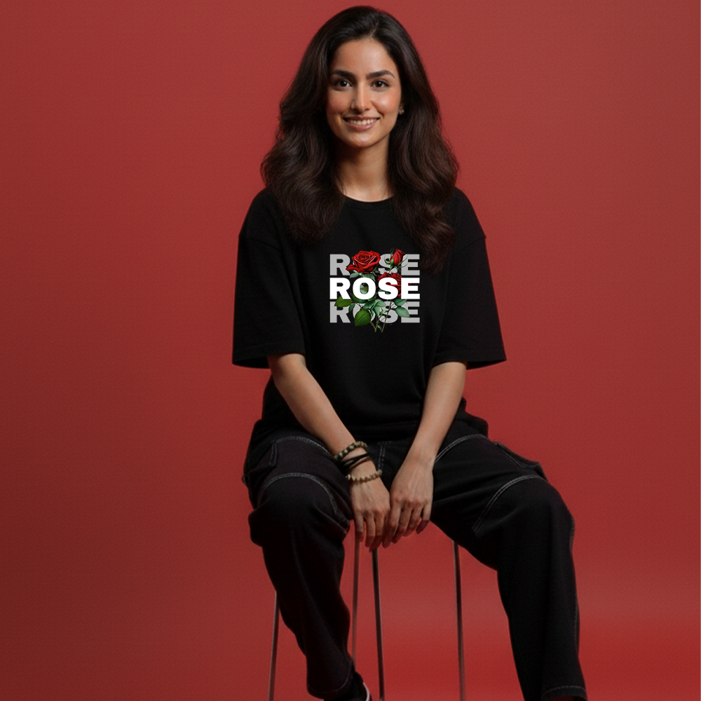 Rose Slogan T-Shirt | Black Cotton Floral Graphic Tee | MAYILO Casual Wear
