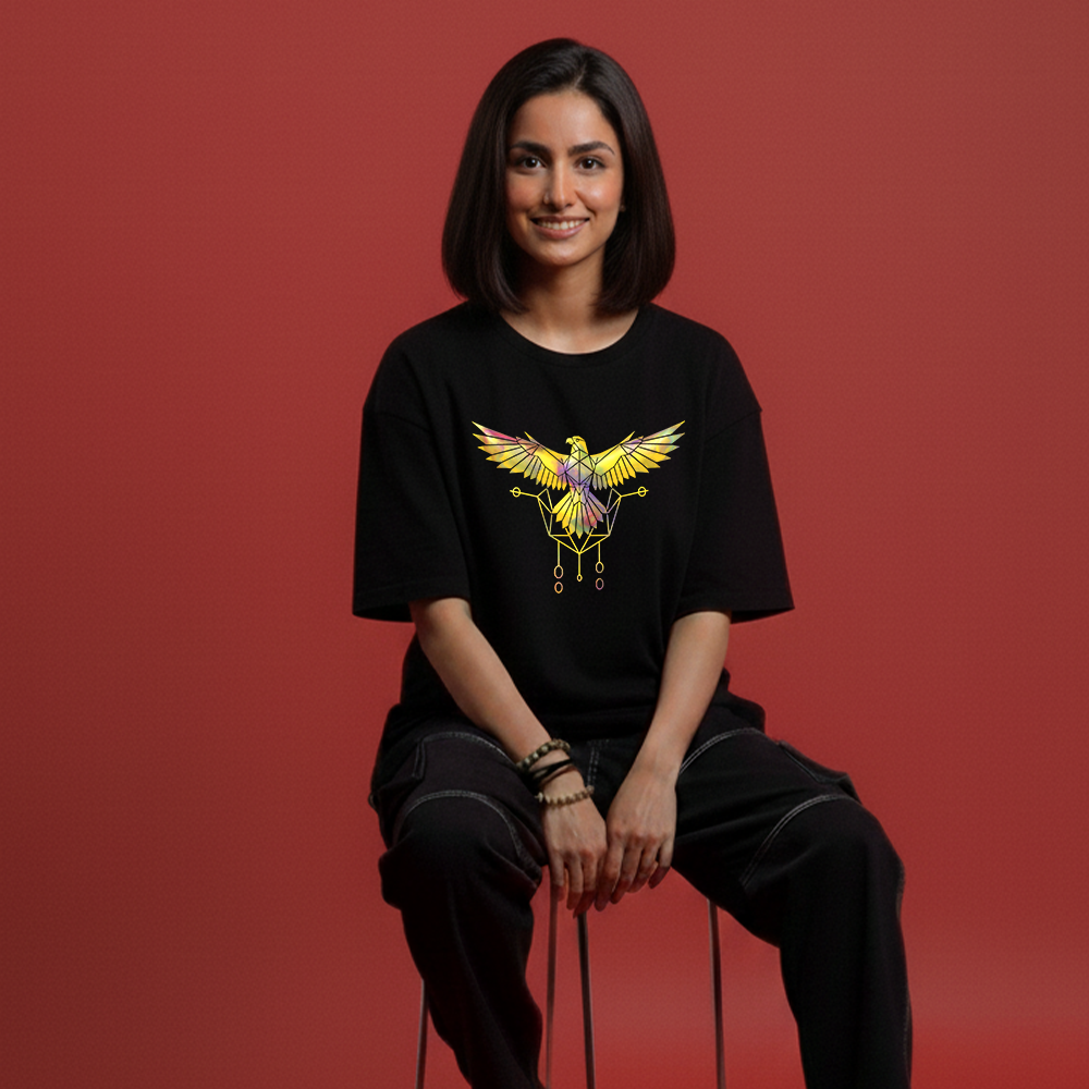 Geometric Bird Graphic T-Shirt | Black Oversized Neon Abstract Tee | Unisex