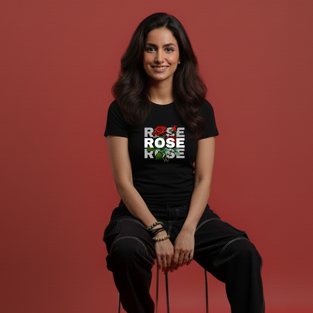 Rose Slogan T-Shirt | Black Cotton Floral Graphic Tee | MAYILO Casual Wear