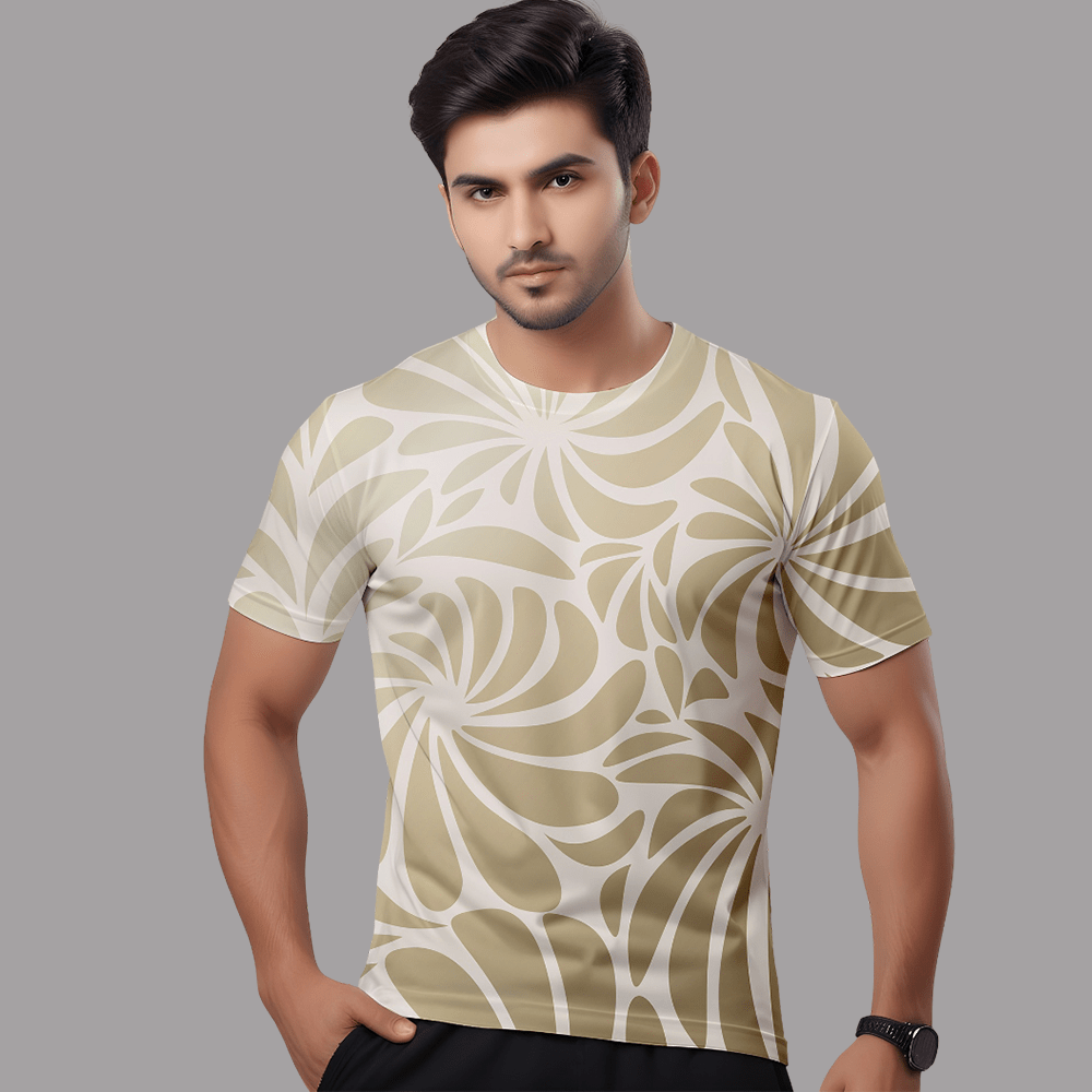 Men’s Beige Floral Printed T-Shirt – Casual Round Neck Stylish Tee