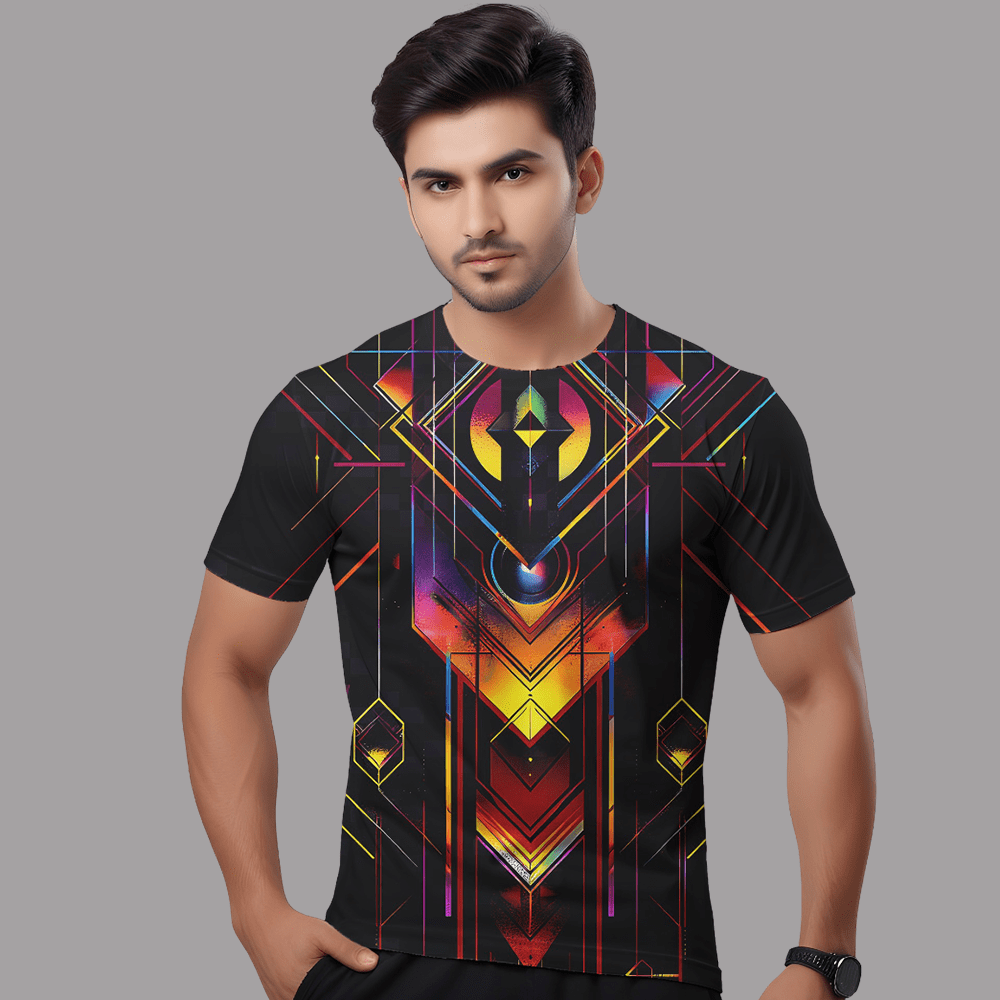 Men’s Black Abstract Printed T-Shirt – Casual Round Neck Graphic Tee
