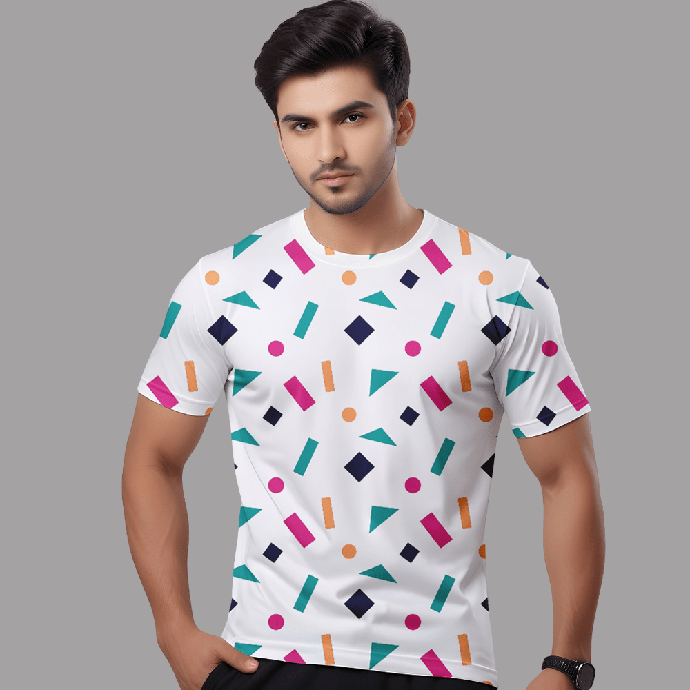 Men’s White Geometric Printed T-Shirt – Casual Round Neck Multicolor Tee