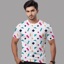 Men’s White Geometric Printed T-Shirt – Casual Round Neck Multicolor Tee