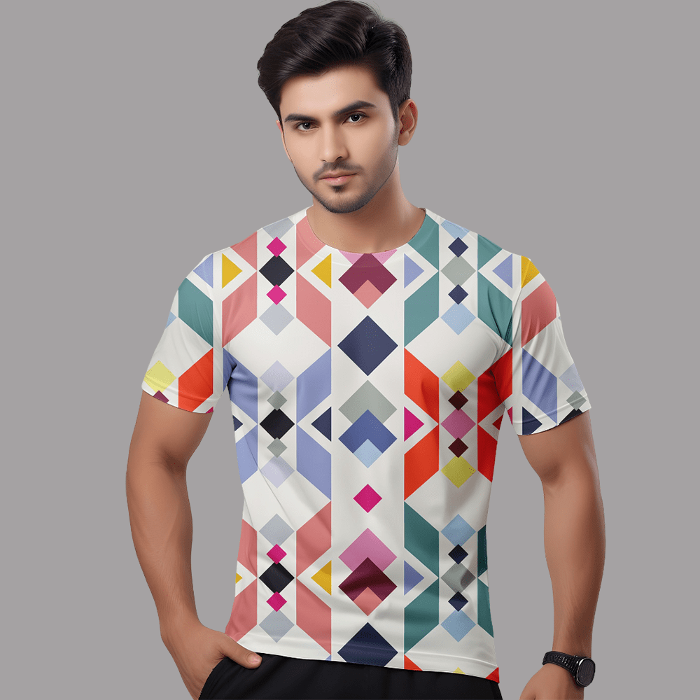 Men’s Multicolor Geometric Printed T-Shirt – Casual Round Neck Stylish Tee