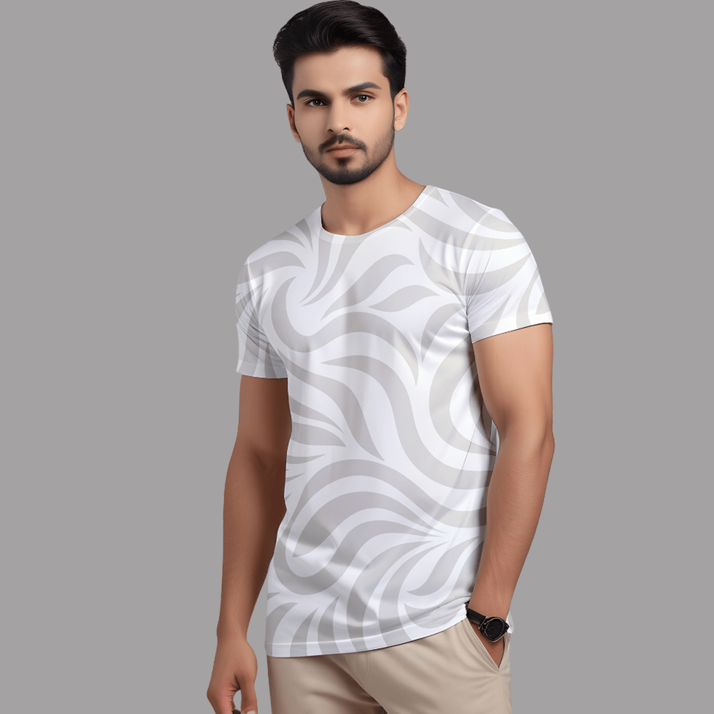Men’s White Abstract Wave Printed T-Shirt – Casual Round Neck Stylish Tee