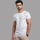 Men’s White Abstract Wave Printed T-Shirt – Casual Round Neck Stylish Tee