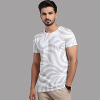 Men’s White Abstract Wave Printed T-Shirt – Casual Round Neck Stylish Tee