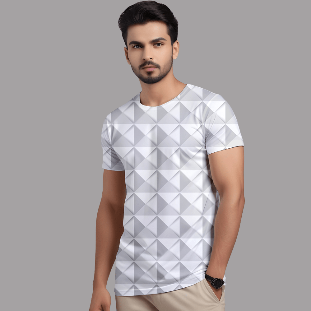 Men’s White Geometric 3D Printed T-Shirt – Casual Round Neck Stylish Tee