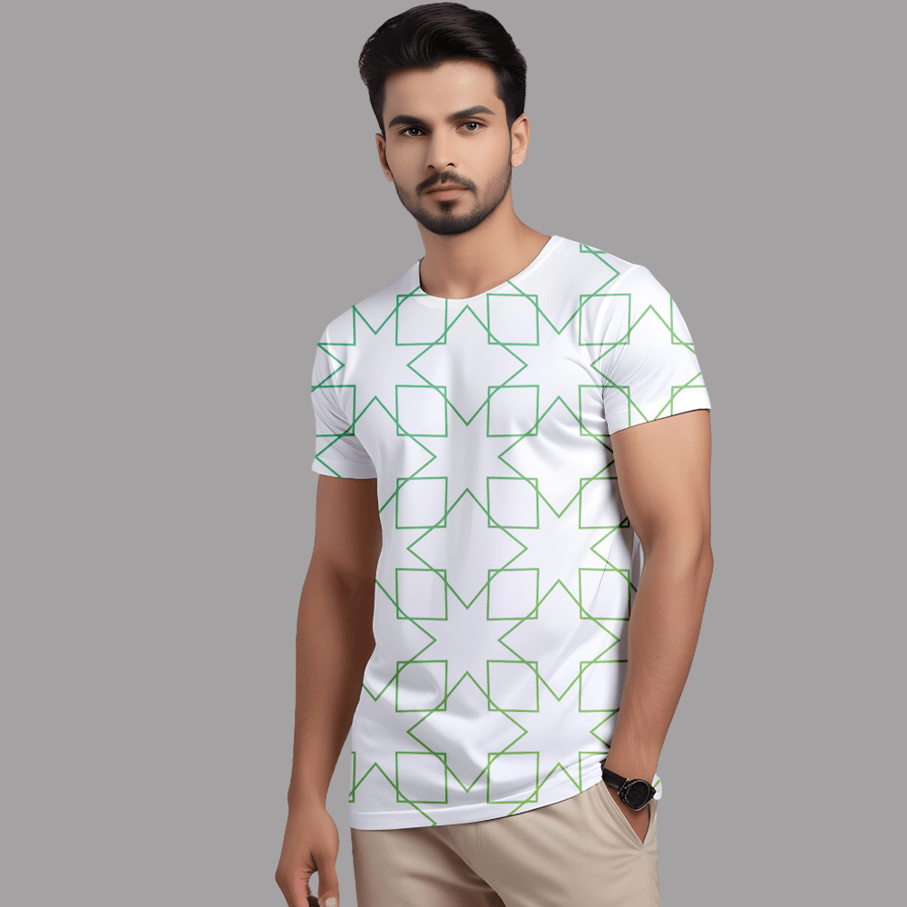 Men’s White T-Shirt with Green Geometric Line Print – Minimal Stylish Casual Tee
