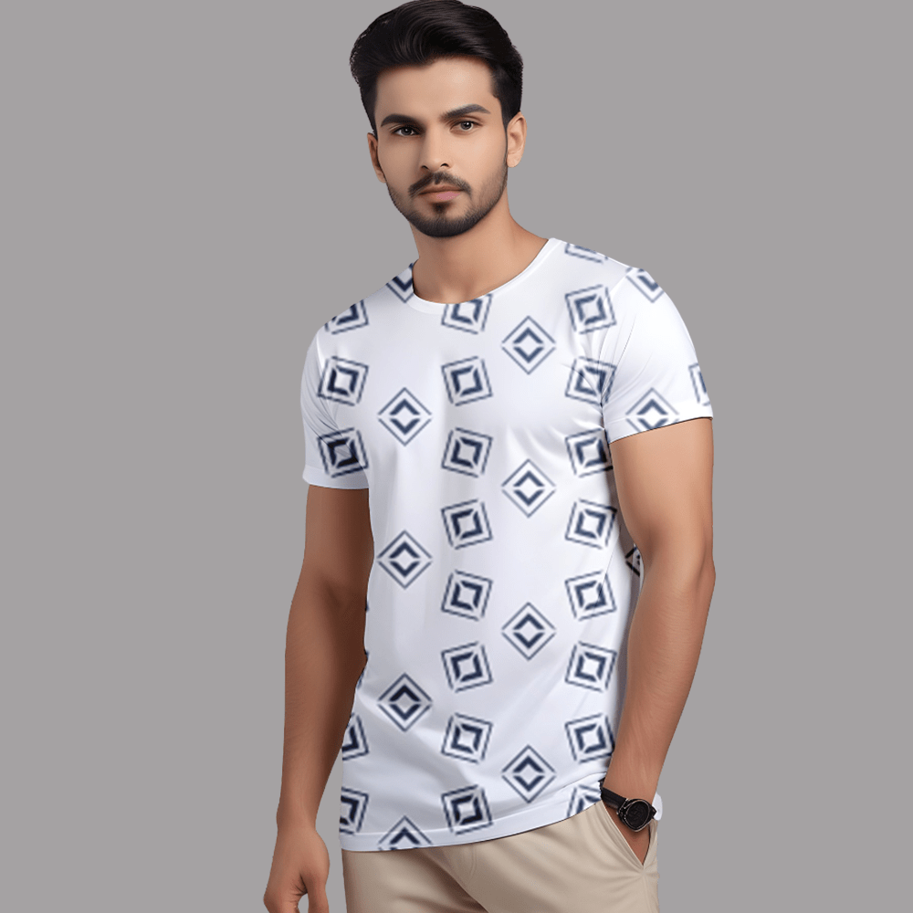 Men’s White T-Shirt with Navy Blue Geometric Diamond Print – Casual Trendy Tee