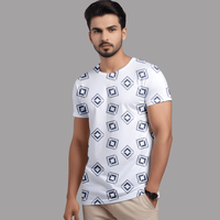 Men’s White T-Shirt with Navy Blue Geometric Diamond Print – Casual Trendy Tee