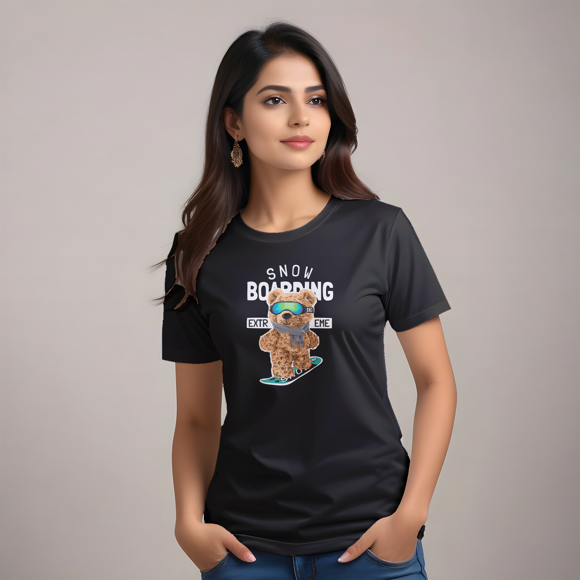 Fun Casual Women’s Tee-Snowboarding Bear Graphic