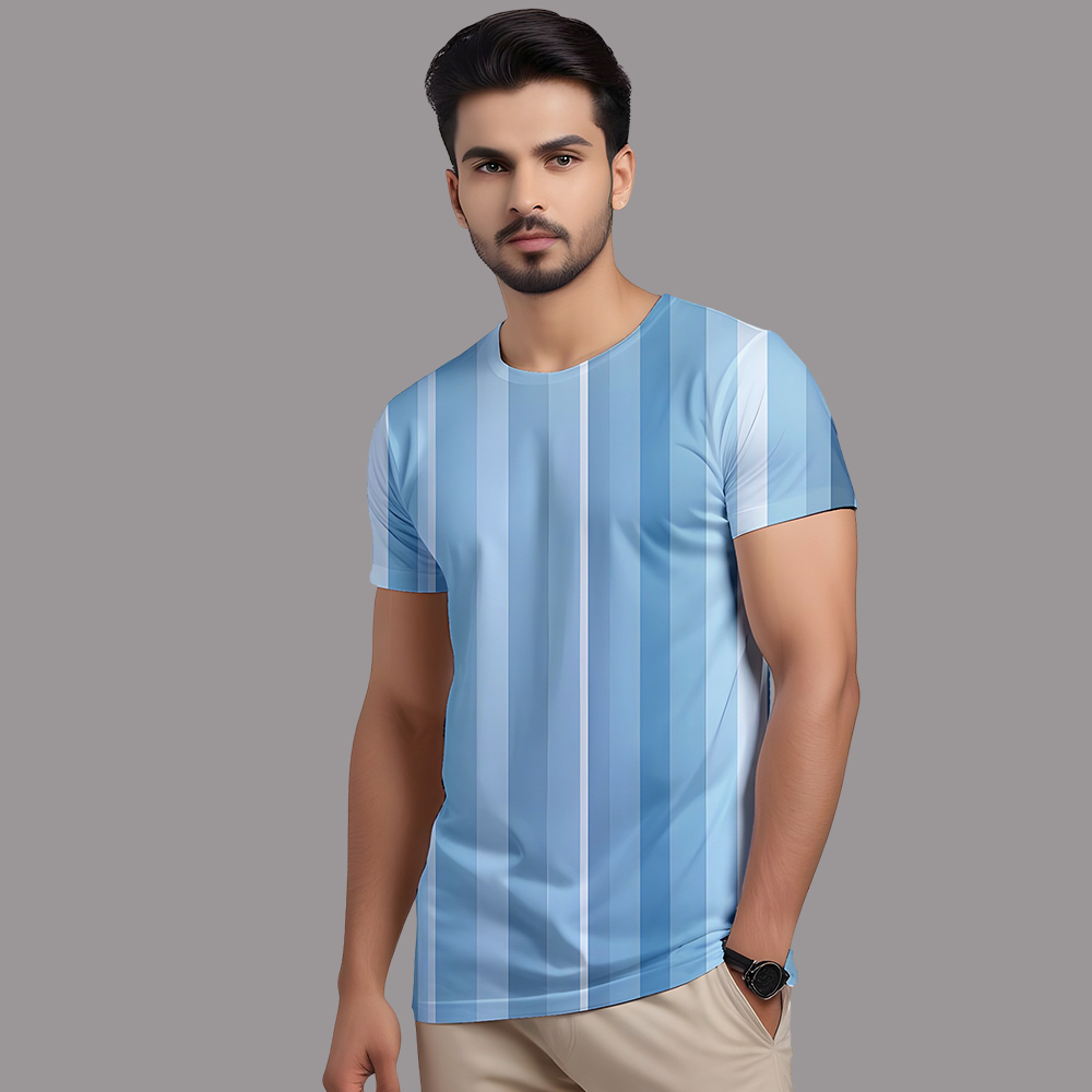Men’s Blue Striped Printed T-Shirt – Casual Round Neck Slim Fit Tee