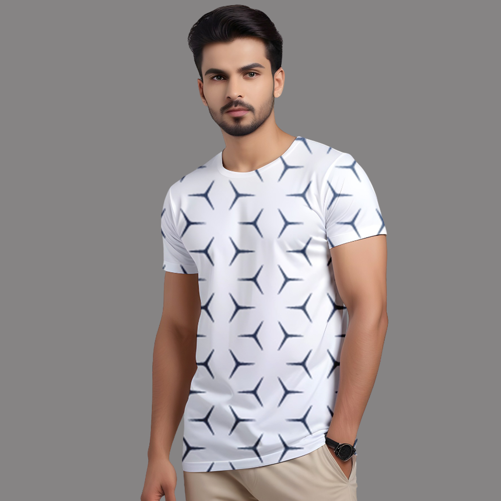 Men’s White Printed T-Shirt – Casual Round Neck Geometric Pattern Tee