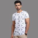 Men’s White Printed T-Shirt – Casual Round Neck Geometric Pattern Tee