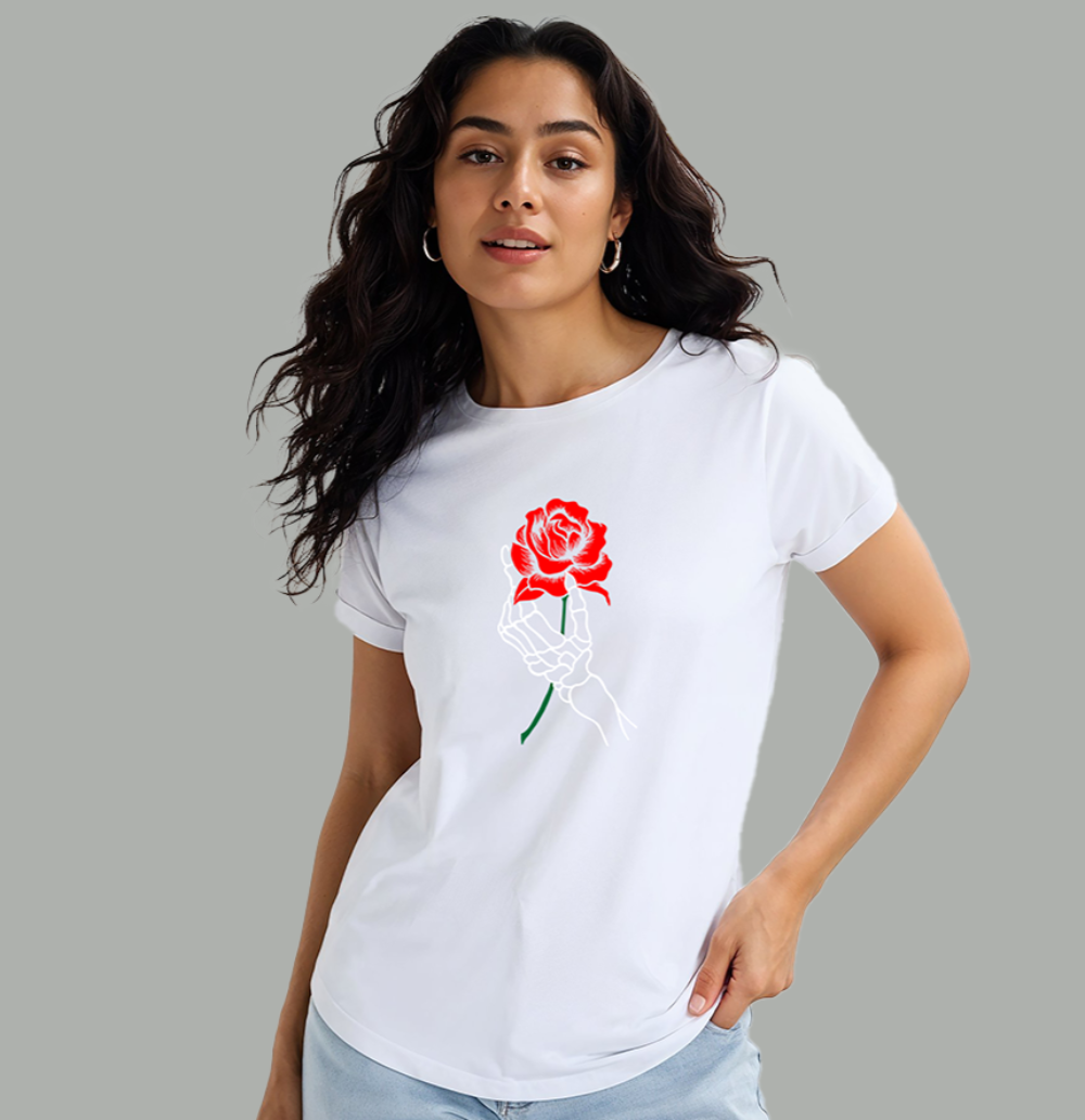Floral Print White T-Shirt for Women – Half Sleeve Cotton Tee