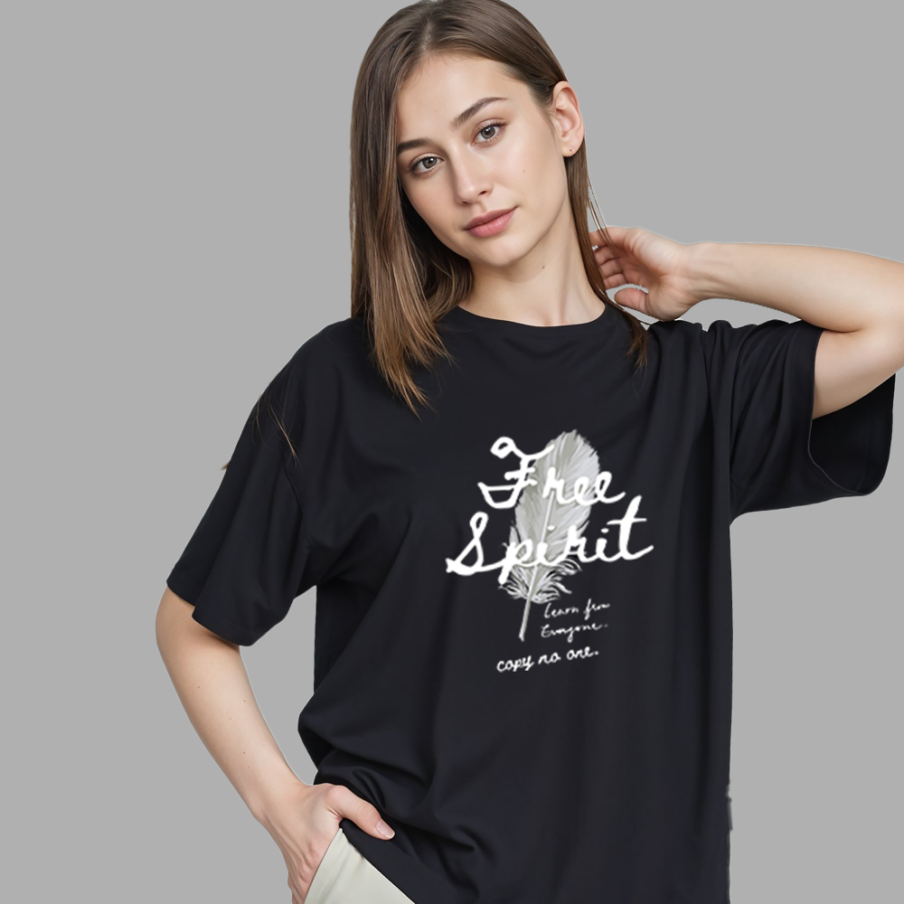 Free Spirit Feather Printed Black T-Shirt – Boho Inspirational Tee